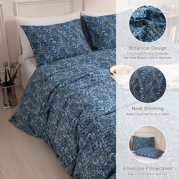 EAVD Vintage Style Garden Blue Floral Comforter Set Queen Fluffy Microfiber Floral Botanical Bedding Set 1 Queen Comforter with 2 Pillowcases Reversible Cottagecore Comforter Set for All-Season