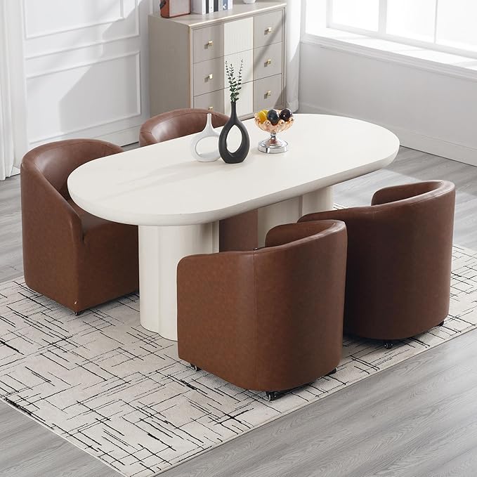 Modern Barrel Upholstered Dining Chairs with Swivel Casters Set of 6, Brown Faux Leather Back Accent Side Chair for Dining Room Living Room
