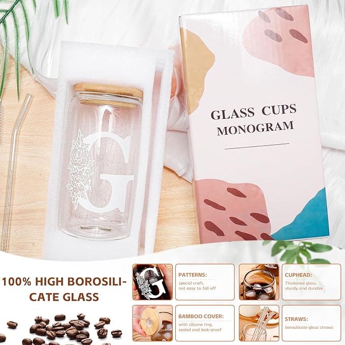 DWTS DANWEITESI Birthday Gifts for Women: Initial Glass Cup as Office Graduation Memorial Holiday Personalized Gifts - for Teacher Employee Nurse Coworkers Bridesmaid Bride - G Aesthetic Cup
