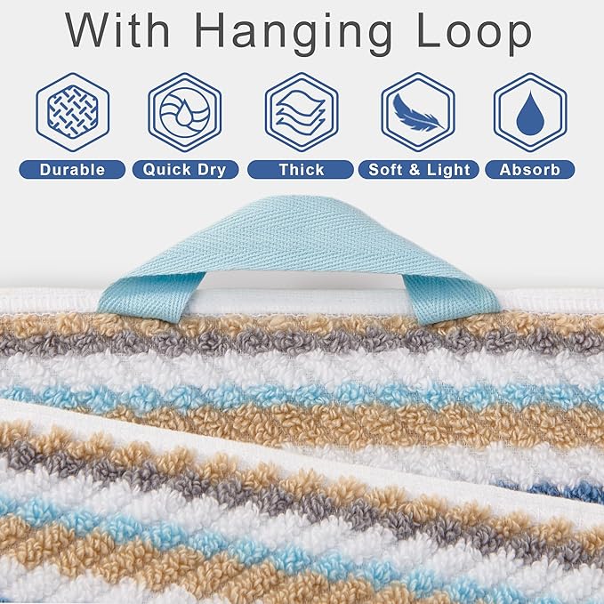 Striped Towels Set, 6PC Bathroom Towels - 100% Cotton | Quick Dry | Soft | Absorbent, 2 Bath 28"x52", 2 Hand 16"x27", 2 Face 13"x13", Luxury Bath Towels with Hanging loops, Blue+Gray+Beige Stripe
