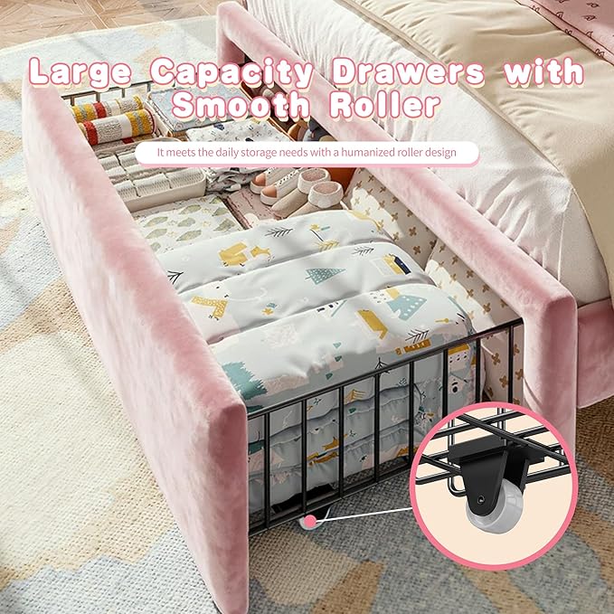EnHomee Twin Bed Frame with Velvet Cloud Headboard, Storage Drawer and LED, Headboard Height Adjustable, Strong Support, No Box Spring Needed, Easy Assembly, Pink