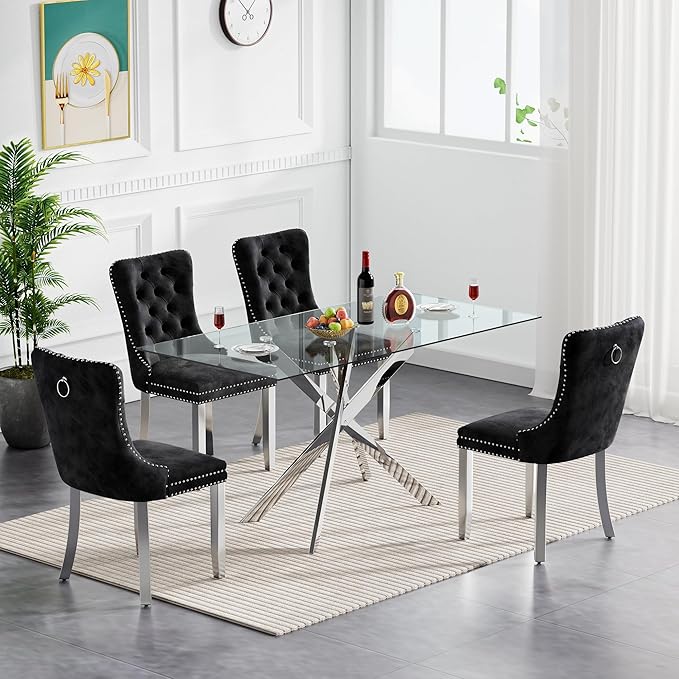 Goujxcy 5 Piece Glass Dining Table Set Modern Glass Dining Table Set for 4, 51" Rectangular Kitchen Table and 4 Velvet Upholstered Chairs for Kitchen Dining Room, Silver Table & Black Chair