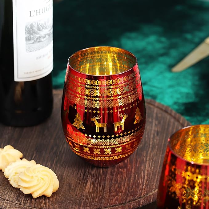 Joeyan Stemless Wine Glasses - Large Handmade Wine Glass Cups, Elk Snowflake Patterned Tumblers, 18 oz, Set of 2, Great for Gifts