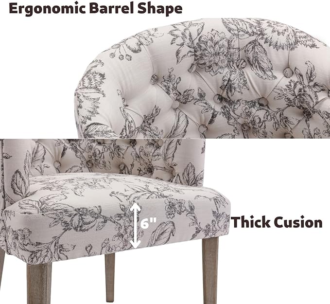 DUOMAY Modern Tufted Dining Chairs Set of 4, Linen Upholstered Side Chair, Comfy Accent Barrel Chair with Wood Legs for Home Kitchen Dining Room Living Room Restaurant, Beige Flower Pattern