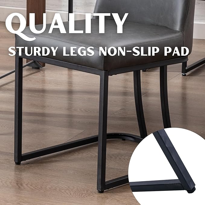 Charcoal PU Leather Dining Chairs Set of 2 Mid Century Modern Comfortable Dining Room Chair with Curved Backrest, Upholstered Kitchen Side Chairs with Black Metal Legs