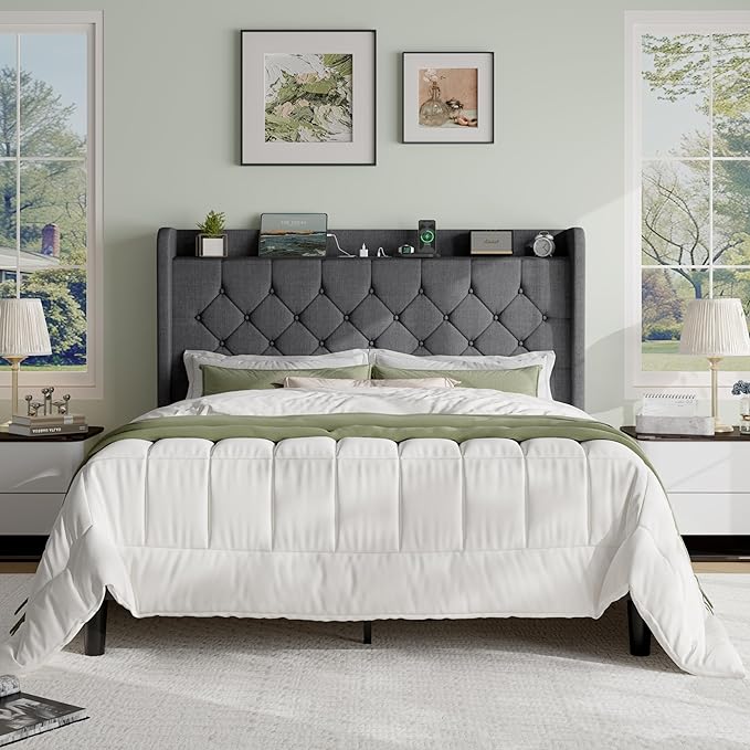 SHA CERLIN Full Size Platform Bed Frame with Charging Station, Velvet Wingback Headboard with Storage shelf, Wooden Slats Support, Ample Under-Bed Space, No Box Spring Needed, Easy Assembly, Dark Grey