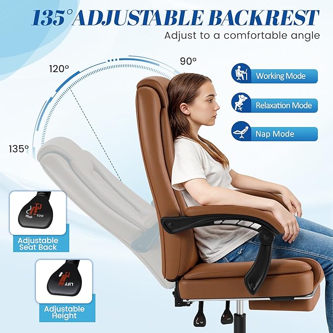 Furmax Office Chair with Footrest Ergonomic High Back Design Executive Computer Desk Chair400lbs, 90-135° Reclining Leather Home Office Desk Chairs Swivel Task Chairs with Wheels (Brown)