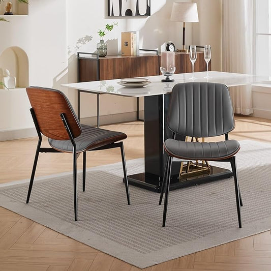 Dining Chairs Set of 2, Mid Century Modern Accent Dining Room and Kitchen Chairs, Upholstered PU Leather Vertical Stripe Chairs for Vanity with Walnut Bentwood and Metal Legs, Gray