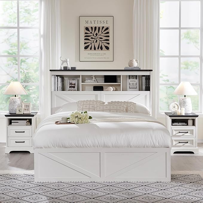 ACCOHOHO Farmhouse Full Size Bed Frame with 52" Tall Storage Headboard and LED Light, Wood Platform Bed with 4 Drawers, Charging Station, Solid Wood Slats Support, No Box Spring Needed, Antique White