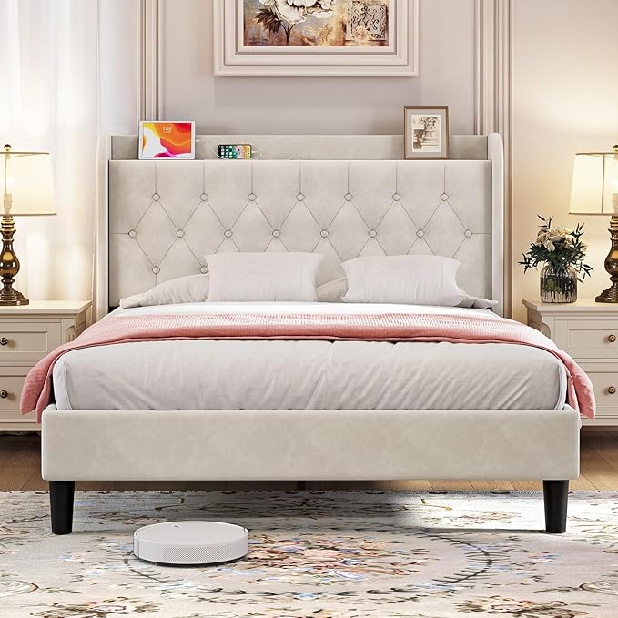 koorlian Full Size Bed Frame, Full Bed Frame with Headboard, Adjustable Velvet Upholstered Bed Frame with Type-C&USB Port, Wingback Storage Headboard, Solid Wood Slats Support, Noiseless, Beige