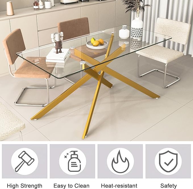 Goujxcy Glass Dining Table Set for 6, Modern Kitchen Table and Chairs Set of 6, 7-Piece Kitchen Dining Room Table Set w/61 Glass Gold Dining Table and 6 Beige Velvet Upholstered Chairs