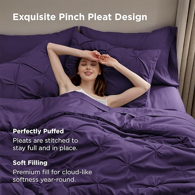 Bedsure California King Comforter Set Purple - Bed in a Bag Cal King Bedding Set 7 Pieces, GentleSoft™ Pintuck Bed Set Gift for Family, Pinch Pleat Purple Comforter with Sheets, Pillowcases & Shams