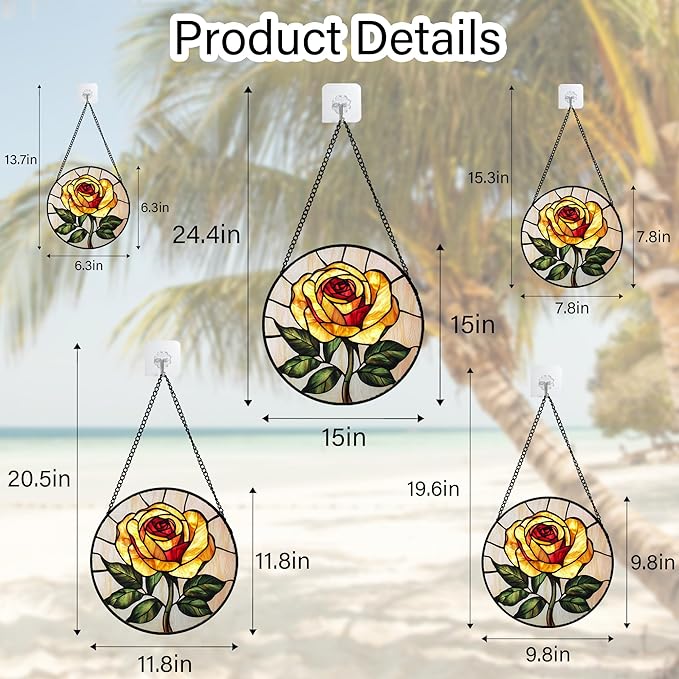 Stained Glass Window Hanging - Elegant Yellow Rose Flower Sun Catcher for Door Garden Home Decor Suncatcher Christmas Mother's Day Birthday Gifts for Women Mom Girl Nana Friend 7.8 in