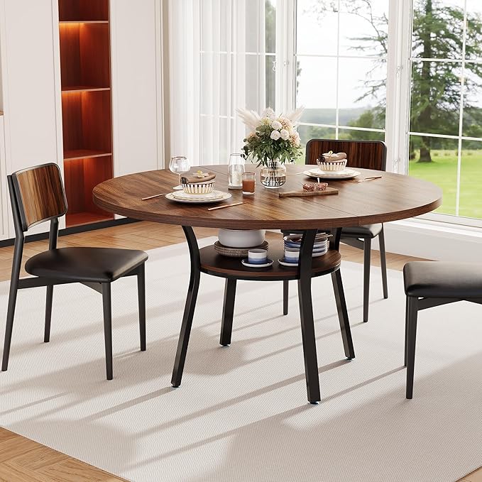 IDEALHOUSE Round Dining Table for 4-6, 47 Inch Kitchen Table with Sturdy Metal Frame, Space Saving Circle Dining Room Table for Small Space (Table Only), Walnut