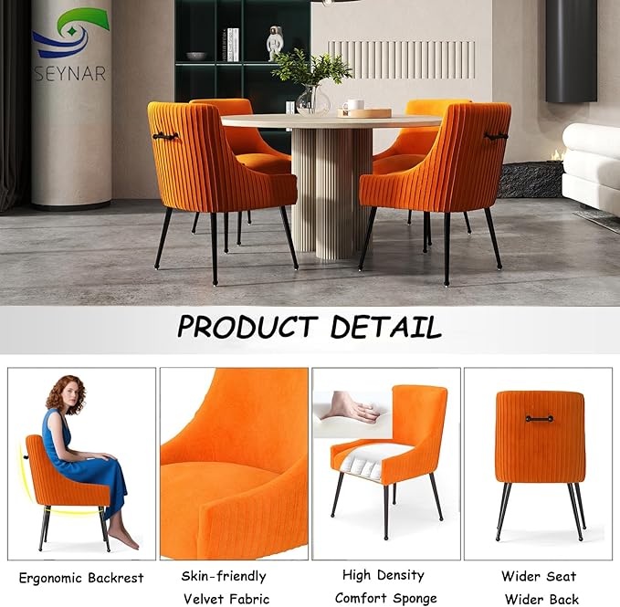 Velvet Dining Chairs Set of 2,Orange Upholstered Living Room Chairs with Black Metal Legs, Modern Tufted Accent Chairs for Living Room, Study Room, Kitchen