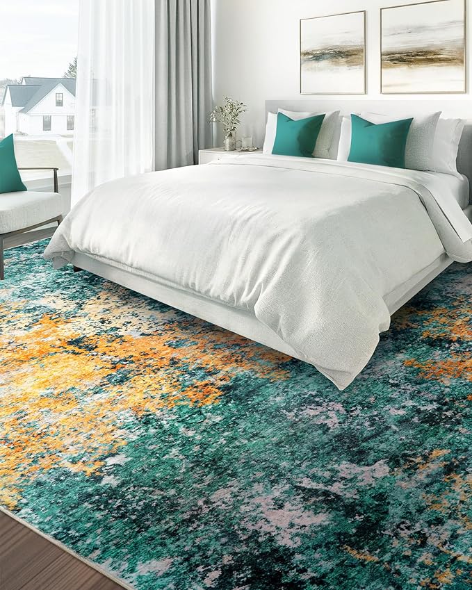 Washable Area Rug for Living Room: 8x10 Modern Abstract Neutral Soft Rug for Bedroom Dining Room No Slip Low Pile Carpet for Nursery Home Office - Teal/Orange