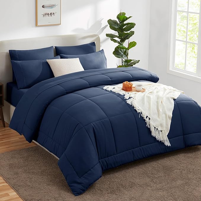 CozyLux Full Size Comforter Sets Navy Blue, 7 Pieces Bed in a Bag, Navy Comforter Full Size, All Season Bedding Sets with Stitch Quilted Comforter, Flat Sheet, Fitted Sheet, Pillowcases