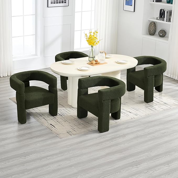 Sherpa Barrel Dining Chairs Set of 3, Upholstered Boucle Accent Kitchen Chairs with Arms, Comfy Faux Fur Side Chair Modern Armchair for Dining Room, Bedroom, Home Office, Green