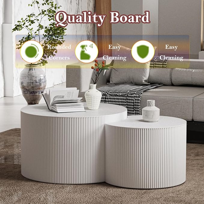Modern Drum Coffee Table Set of 2 Stylish Minimalism Wave Stripe Fluted Nesting End Table - No Assemble, for Small Space (C-27.6IN+19.7IN)