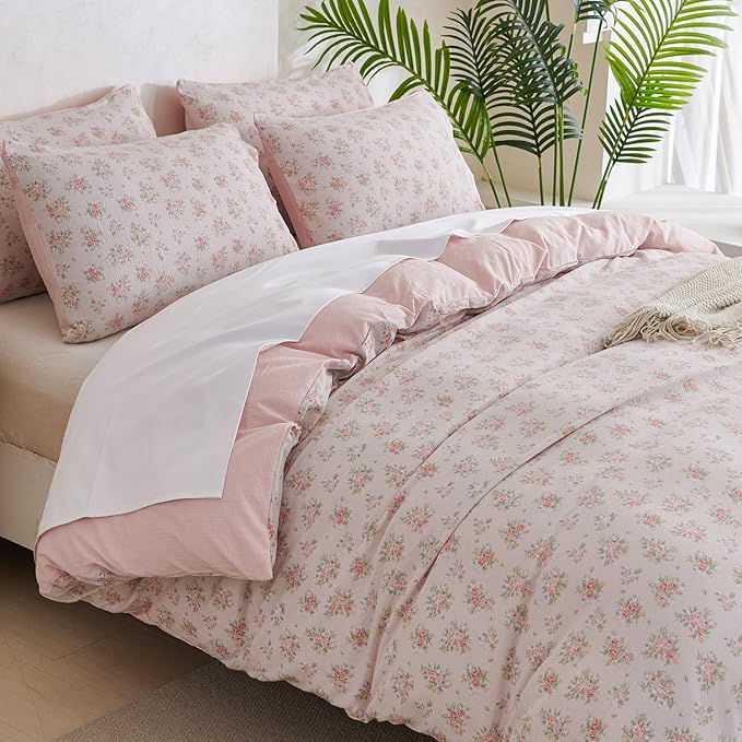 Floral King Comforter Set 3 Pieces Soft Cute Floral Bedding Comforter Lightweight Garden Style King Floral Botanical Comforter Set for All Seasons 1 Comforter and 2 Pillowcases