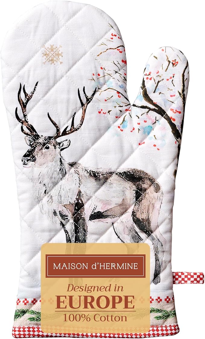 Maison d' Hermine Oven Gloves 100% Cotton Oven Mitt 7" x 13" with Loop Heat Resistant BBQ Cooking Gloves for Thanksgiving Christmas Decorations Baking Handling Hot Pans (Pack of 1, Rural Christmas)