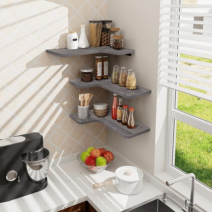 Homode Corner Shelves Wall Mounted, Set of 3 Floating Corner Shelves with Cord Hole, 3 Tier Wooden Hanging Shelves for Storage and Display, for Bathroom Kitchen Living Room, Rustic Grey