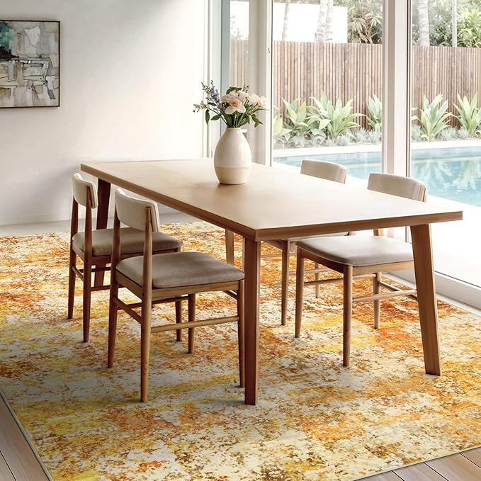 Washable Area Rugs for Living Room - 6x9 Abstract Modern Rug Neutral Soft Rug Stain Resistant Non-Shedding No Slip Low Pile Large Carpet for Bedroom Dining Room Nursery Home Office - Orange/Gold