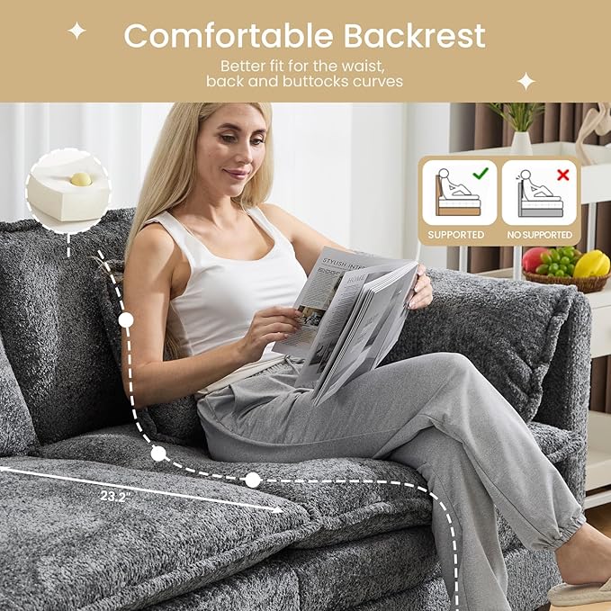 112" Modular Sectional Sofa with Movable Ottoman, L Shaped Couches for Living Room, 3 Seater Comfy Cloud Couch with Removable Cover, Armrest Pillow (Grey)