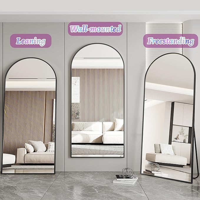 Full Length Mirror, 71"x32" Arched Floor Mirror Freestanding, Oversized Floor Standing Full Body Mirror with Stand for Bedroom, Hanging Mounted for Living Room Cloakroom, Black