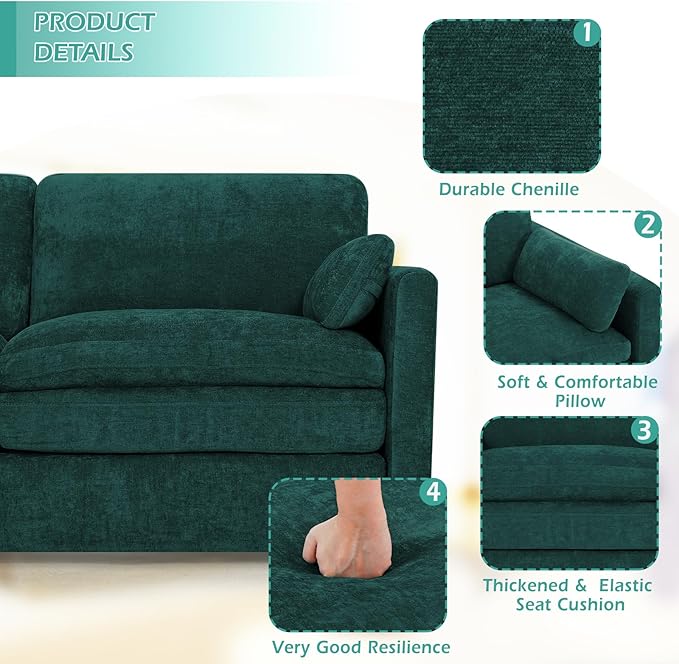 3 Pieces Chenille Sofa Set w/Arm Pillows, Upholstered Loveseat & 2 Pieces 3 Seater Sofa w/Comfortable Back Cushions, Modern 2-Seat & 3-Seat w/High-Density Foam for Living Room, Teal