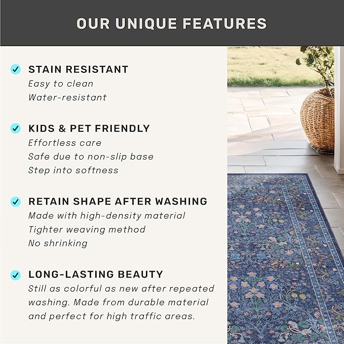 Washable Dark Blue Rug for Living Room - 9x12 Large Area Rug for Dining Room Under Table, Bedroom, Soft Low Pile Non-Slip Stain Resistant Carpet - Vintage Navy Floral Design