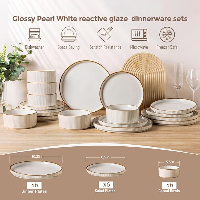 GBHOME Stoneware Dinnerware Sets for 6,Round Reactive Glaze Ceramic Plates and Bowls Set,Highly Scratch Resistant | Dishwasher & Microwave Safe Dishes Set,Service for 6(18Pcs),Pearl White