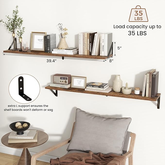 Axeman Floating Shelves for Wall 40 Inch | 39.4W x 8D Rustic Wood Floating Shelves Set of 2 | 8 Inch Deep Long Wall Shelves for Bathroom Kitchen Living Room | Bookshelf Display Shelves - Rustic Brown