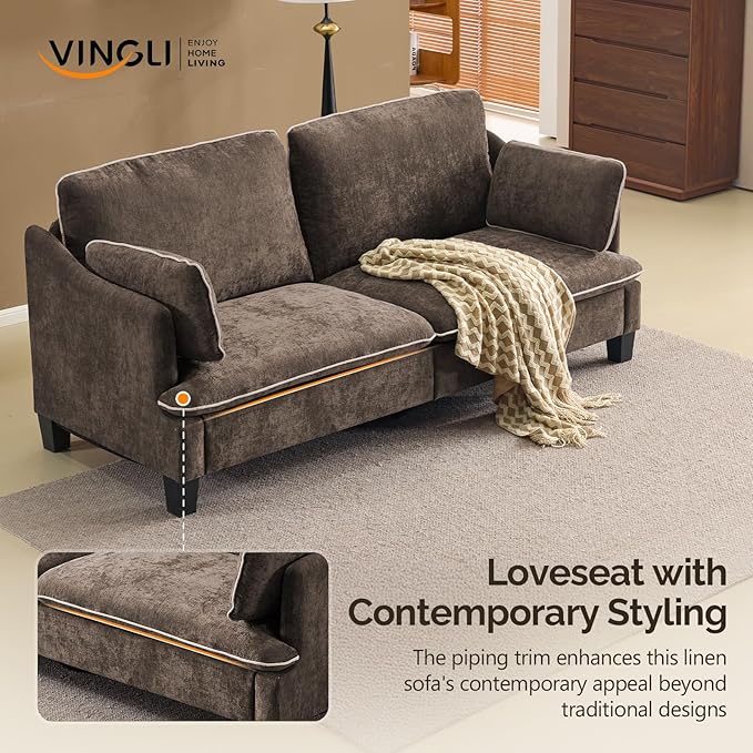 VINGLI 84" W Oversized Comfy Two Seat Love Seat, 37" Extra Deep Seat Piping Design Loveseat Couch with Two Pillows, Linen Fabric Modern Small Sofa for Small Living Room, Bedroom, Brown