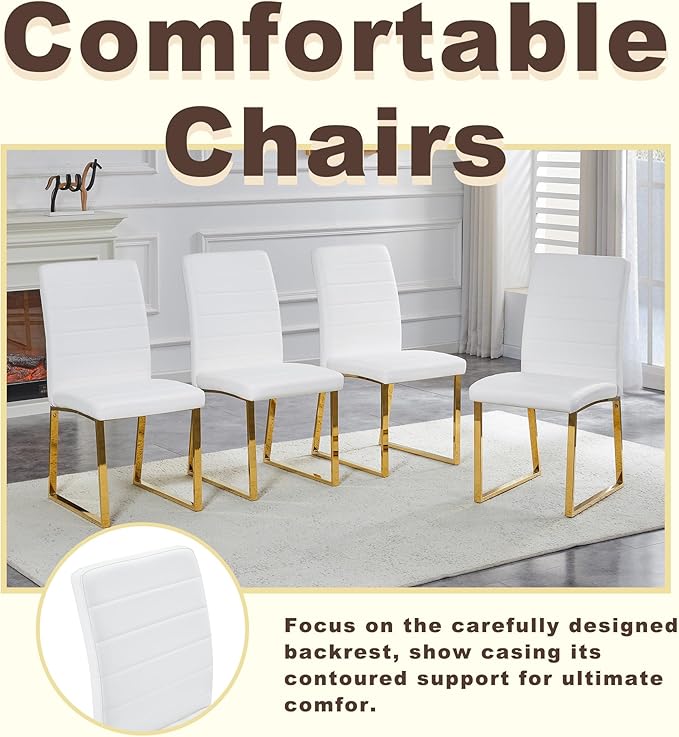 Modern Dining Chairs Set of 2, White Faux Leather Kitchen Chairs, Upholstered Armless Dining Room Chair with Gold Mental Legs Heavy Duty, Comfortable (White and Gold, Set of 2)