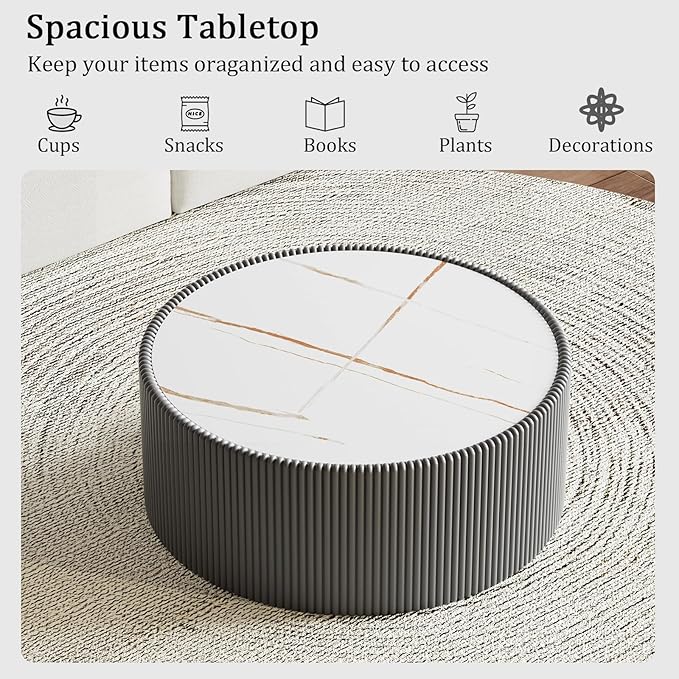 Grey Round Coffee Table with Sintered Stone Tabletop, 29.52" Drum Coffee Table with Fluted PU Leather Covered and Stable Base, Circle Cocktail Tea Table for Living Room