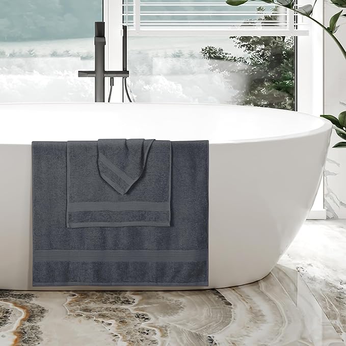 BOUTIQUO Ultra Soft 3 Pack Cotton Towel Set, Contains a Bath Towels 27x54 inch, a Hand Towels 16x24 inch & a Wash Coths 12x12 inch, Ideal Everyday use, Compact & Lightweight - Charcoal Grey
