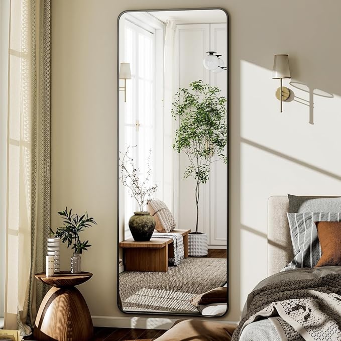 VooBang Round Corner Mirror Full Length, 66" x 23" Floor Mirror with Stand, Matte Aluminum Alloy Frame Full Body Mirror, Standing Hanging or Leaning for Bedroom and Living Room, Black