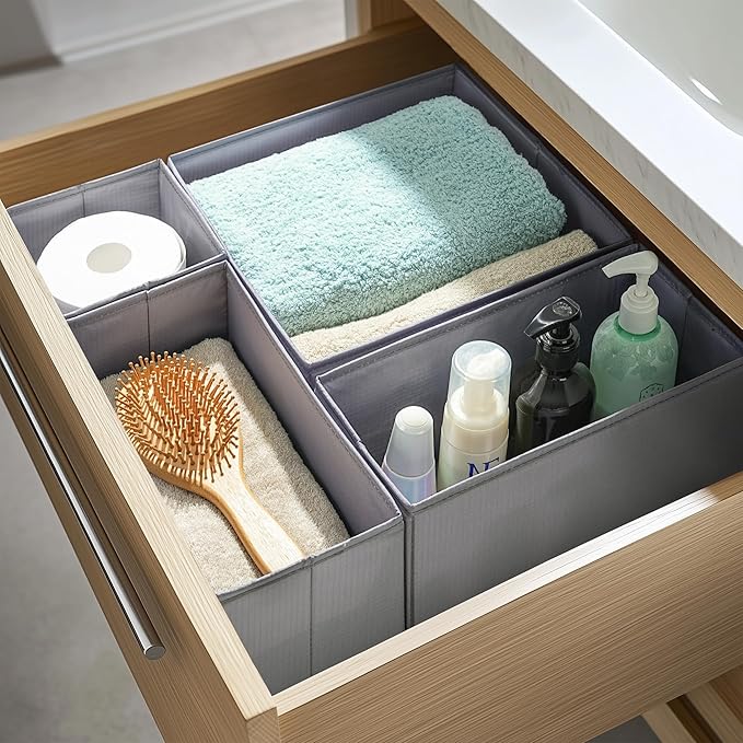 TYEERS Drawer Organizers, Durable Fabric, Washable, with Base Support Boards, Small Storage Boxes for Bathroom, Closet, Dresser, Set of 12, Dark Grey