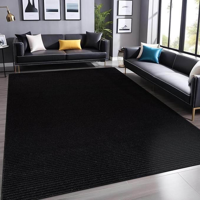 Non Slip Black Solid Rubber Back Thing Rug for Living Room 6x9 Area Rugs for Kitchen, Rugs for Bedroom, Stain Resistant Easy Cleaning Non Shedding Carpet Black 6 x 9