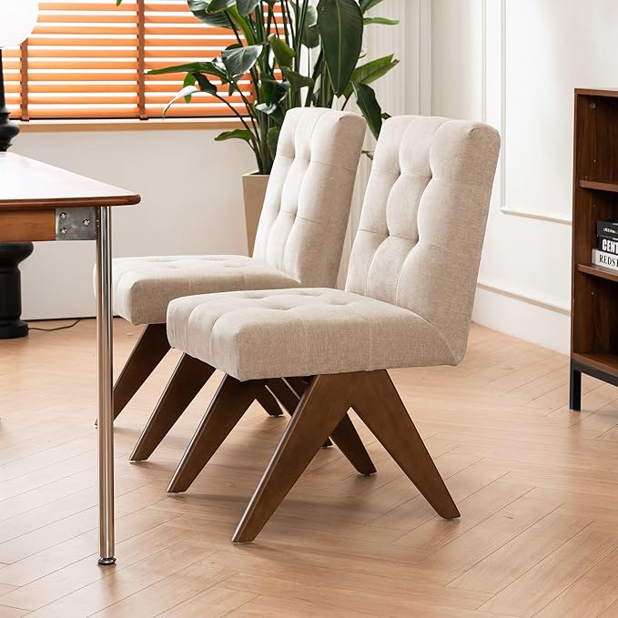 Rowill Modern Upholstered Dining Chairs Parsons Chair Linen Fabric Kitchen Chairs Tufted Armless Dining Room Chairs with Wood Legs Set of 2, Khaki