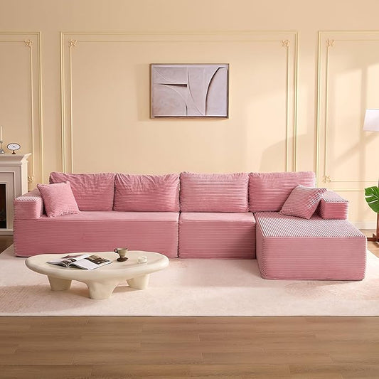 138" Boneless Couch with Deep Seat, Modular Sectional Sofa, Cloud Sectional Couch for Living Room, No Assembly Required, Corduroy, 4 Seater L-Shape Right, Pink