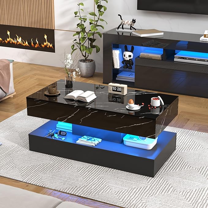 39.4" Large High-Glossy LED Coffee Table with 2 Sliding Drawers, Living Room Storage Coffee Tables with Marbling Print, Modern Stylish Double-Layer Center Tables w/LED Lights, Black