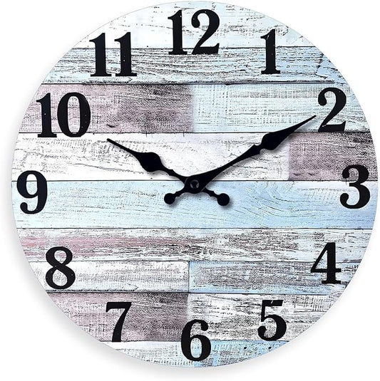 XNM Blue Wood Wall Clocks Battery Operated 14 Inch Rustic Wall Clock Non Ticking Analog Clock for Bedroom(MDF No Solid Wood)