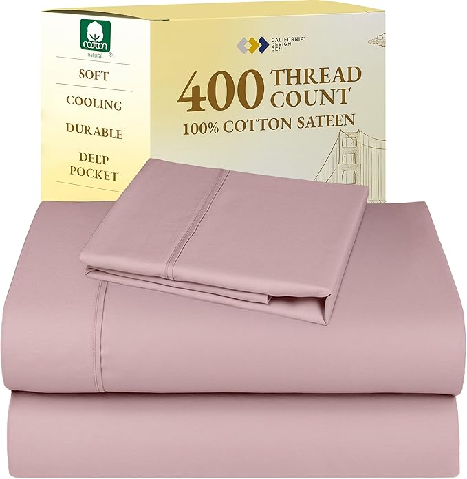California Design Den Twin XL Bed Sheets Set - 400 Thread Count Sateen, Natural 100% Cotton Twin XL Sheet Set, Deep Pockets, All Around Elastic, Cool and Durable Bedding for Dorm Room - Mauve