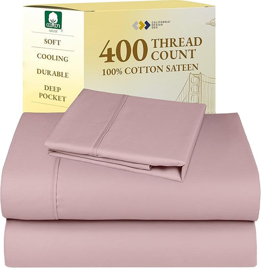 California Design Den Twin XL Bed Sheets Set - 400 Thread Count Sateen, Natural 100% Cotton Twin XL Sheet Set, Deep Pockets, All Around Elastic, Cool and Durable Bedding for Dorm Room - Mauve