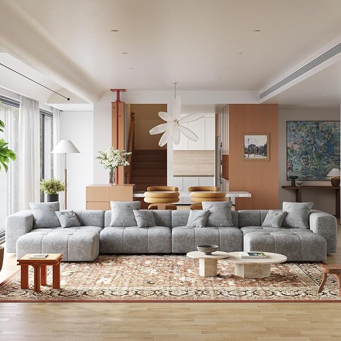 JACH 183.5 Inch U-Shaped Modular Sectional Sofas, Modern 4-Seater Couch with Chaise Ottomans, Mid Century Modern Sectional Couches, Cozy Sleeper Sofa for Living Room (Linen Fabric, Grey)