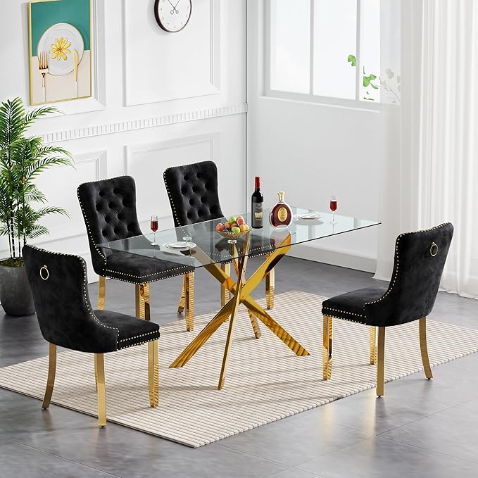 Goujxcy 5 Piece Glass Dining Table Set Modern Glass Dining Table Set for 4, 51" Rectangular Kitchen Table and 4 Velvet Upholstered Chairs for Kitchen Dining Room, Gold Table & Black Chair
