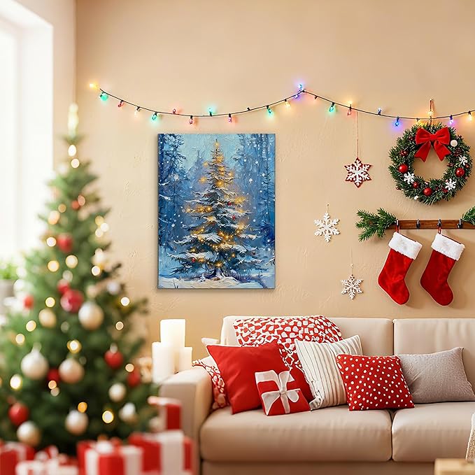 Framed Christmas Pictures Wall Decor,Vintage Pine Tree Prints,Winter Christmas Canvas Wall Art Decoration for Bedroom Bathroom Living Room Rustic Xmas Holiday Gifts (Christmas Tree 1, 20'' X 32'')
