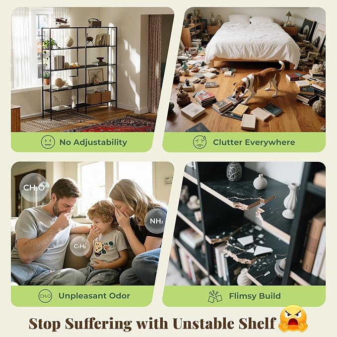 Huuger 5 Tier Bookshelf, L Shaped Corner Bookshelf with 10 Open Shelves, 49.4 Inch Straight Wide Bookcase with Metal Frame and Wooden Board, Adjustable Feet, Black